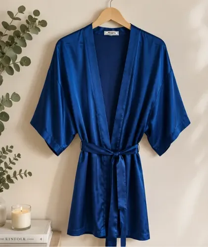 Quimono Azul Royal Acetinado com Faixa na Cintura