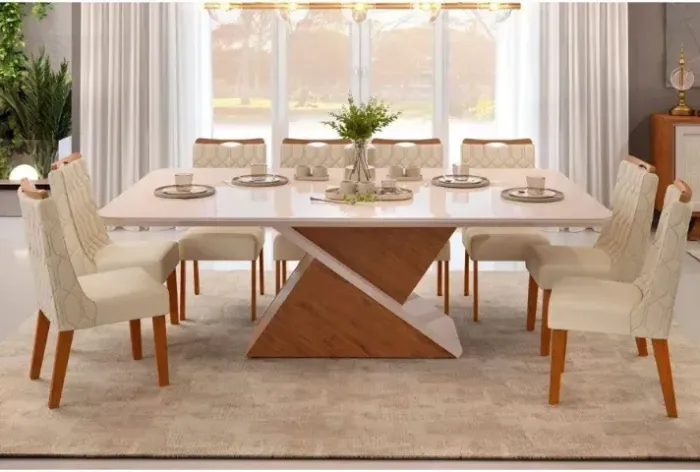 Mesa de Jantar com Tampo de Vidro com 8 Cadeiras Off-White