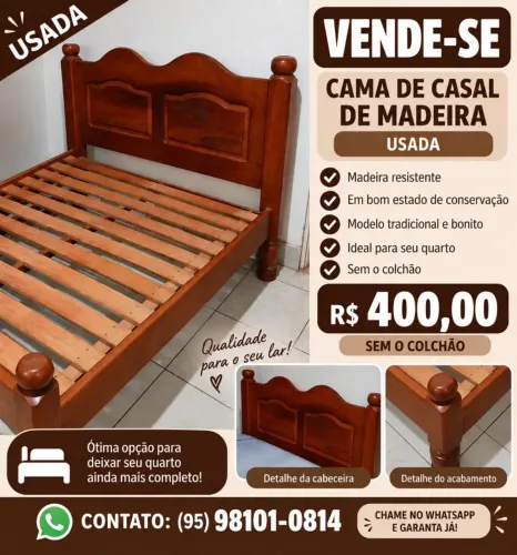 Cama de Casal de Madeira Usada - Bom Estado