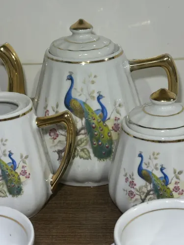 Jogo de Chá Antigo Porcelana Cidamar Rami Pavão Dourado Vintage Completo