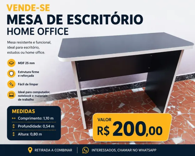 Mesa de Escritório MDF 25mm 1,10m x 0,54m - R$ 200,00