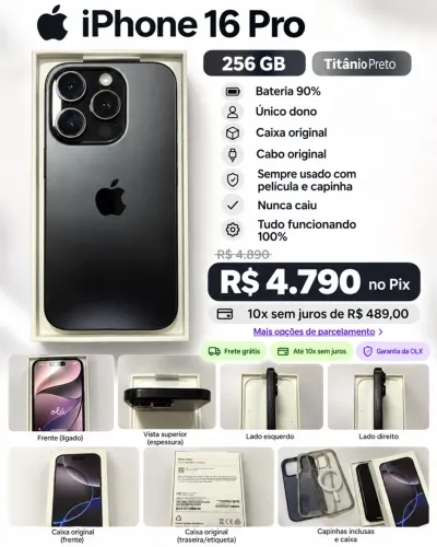 iPhone 16 Pro 256GB Titânio Preto 90% Bateria Caixa Original