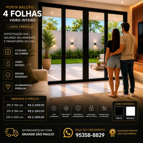Porta Balcão 4 Folhas Premium - 210x150 Vidro Inteiro | Direto da Fábrica