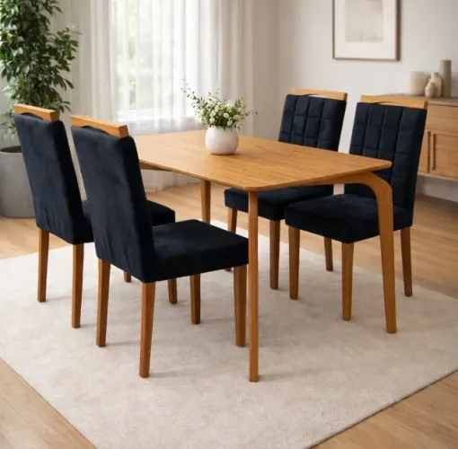 Conjunto Mesa de Jantar Valença 120 com 4 Cadeiras Veludo Preto