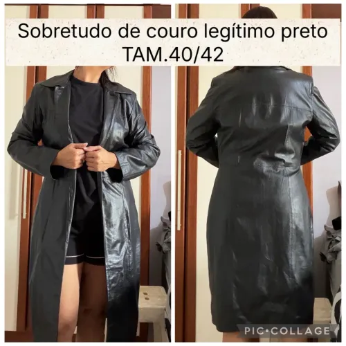 Sobretudo de Couro Legítimo Preto Tam 40/42