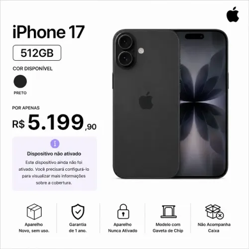 Apple iPhone 17 6,3" 512GB Preto Novo Nunca Ativado Garantia 1 Ano Open Box