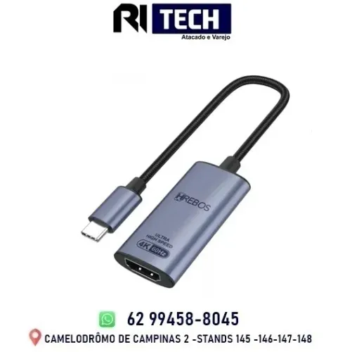 Cabo Adaptador USB-C para HDMI Fêmea 4K 60Hz Tela Projetor Windows Android Linux
