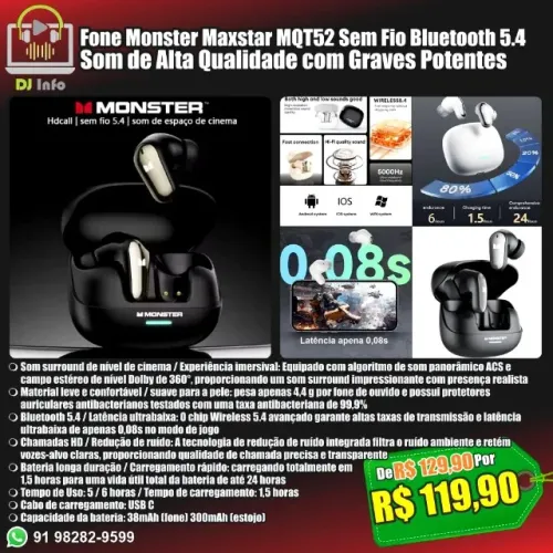 Fone Monster Maxstar MQT52 Sem Fio Bluetooth 5.4 Som de Qualidade Graves Potentes