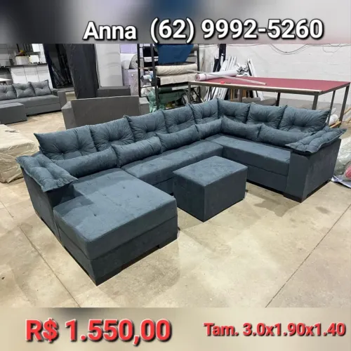 Sofá de canto com chaise 5 lugares com puff