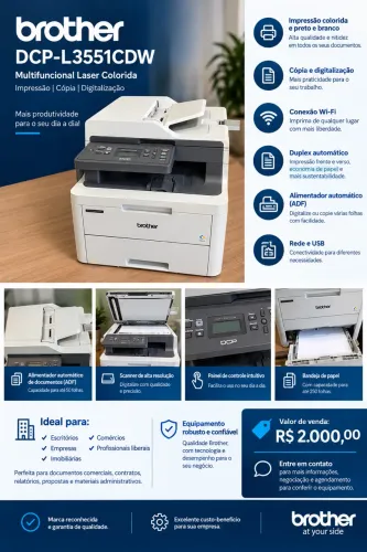 IMPRESSORA MULTIFUNCIONAL BROTHER DCP-L3551CDW - LASER COLORIDA | WI-FI | DUPLEX