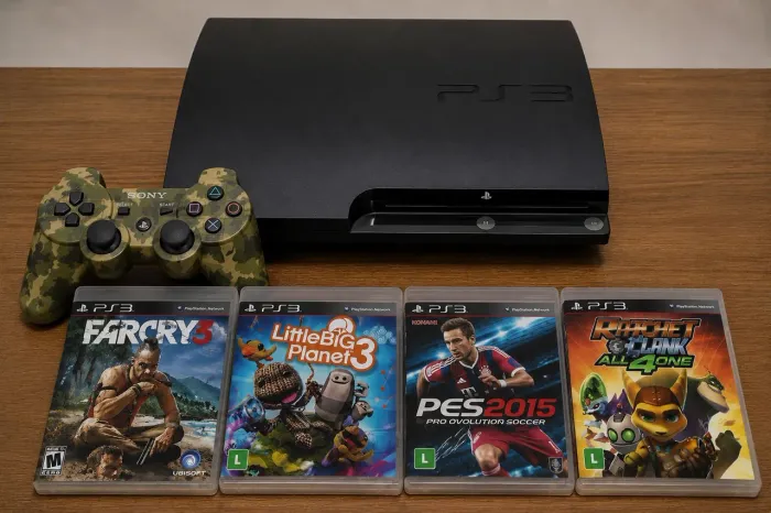 Ps3 super slim + Controle + 4 jogos
