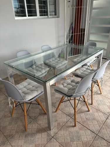Mesa aço inox , com tampo blindex com seis cadeiras