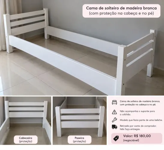 Cama de Solteiro de Madeira Branca - ( Sem Suporte para Colchão )
