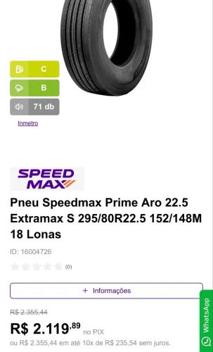 Pneu Speedmax Prime Aro 22.5 Extramax S 295/80R22.5 152/148M 18 Lonas