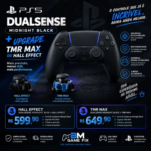 DualSense PS5 Midnight Black com TMR MAX ou Hall Effect 