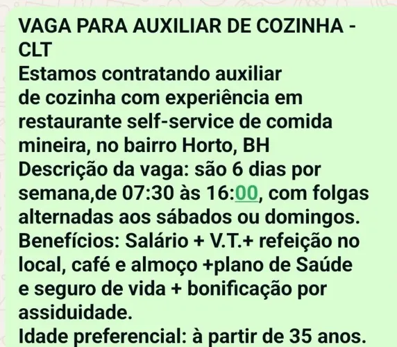 VAGA PARA AUXILIAR DE COZINHA- CLT