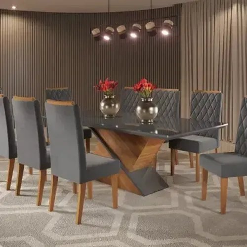 Mesa de Jantar Luxo com Tampo de vidro e 8 Cadeiras Cinza