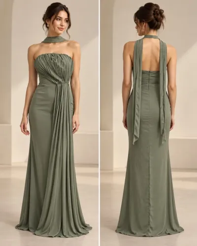 Vestido longo de festa com detalhe plissado
