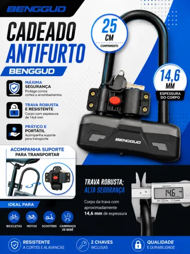 Cadeado Antifurto Benggud U-Lock 25cm Com Suporte para Transporte