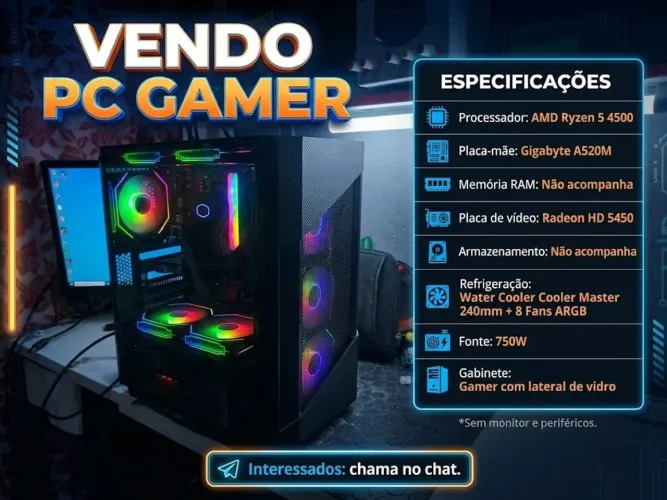 PC Gamer Ryzen 5 4500 / A520M / Water Cooler 240mm / Fonte 750W / 8 Fans ARGB