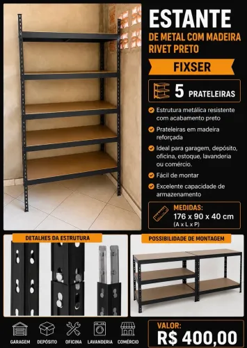 Estante de metal  com madeira rivet preto 5 prateleiras 