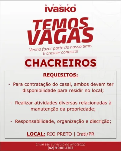 Vaga para casal de chacreiros - Irati/Rio Negro *)