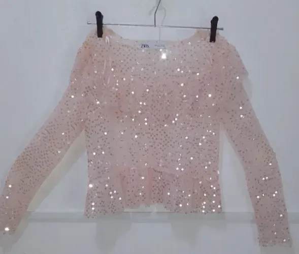 Blusa Manga L.Cropped Tule Lantejoulas Rosa Claro Zara Tam.P