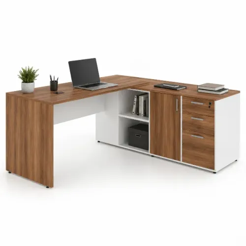 Mesa Escritório Executiva Em L Com Pedestal Organizador Nogal Branco 34602