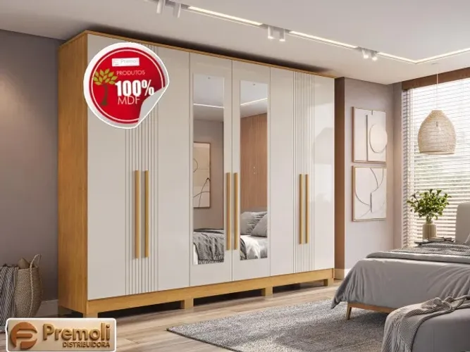 Roupeiro Modena 100% MDF 6 Portas C/Kit Pes Cor Cinamomo/Off White Acetinado Chf Moveis