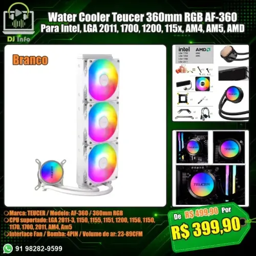 Water Cooler Teucer 360mm RGB AF-360 Para Intel, LGA 2011, 1700, 1200, 115x, AM4, AM5, AMD