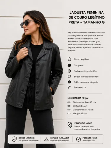 Jaqueta Feminina de Couro Legítimo Preta - Modelo Argentino Premium