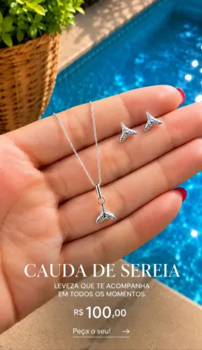 Conjunto (Colar + Par de Brincos) Cauda de Sereia Prata 925