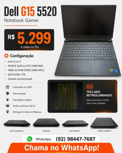 Notebook Gamer Dell G15 5520 | i7 + RTX 3060 | 16GB DDR5 | SSD 1TB