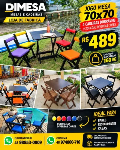 Jogo Mesa 70x70 + 4 Cadeiras Dobráveis Estofadas
