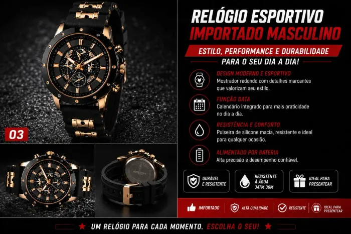 Relógio Masculino Esportivo Importado pulseira Preta com detalhe dourado Premium