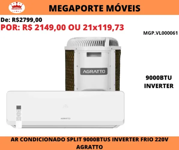 Ar- Condicionado Split 9000Btus Inverter Frio 220V Agratto 