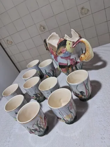 Jogo de jarra e copo ceramica 