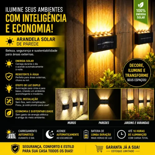 Arandela Solar 10 Leds Jardim Escadas Muros Prova Dágua