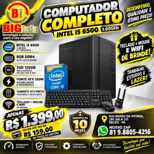 Computador I5 6 Geração 8Gb Ddr4 Ssd 120 Wifi  teclado e Mouse Wifi - Em ate 10x Fixas