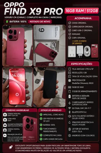 ? OPPO Find X9 Pro - 16GB RAM | 512GB | Bateria 100% | Completo na Caixa ?