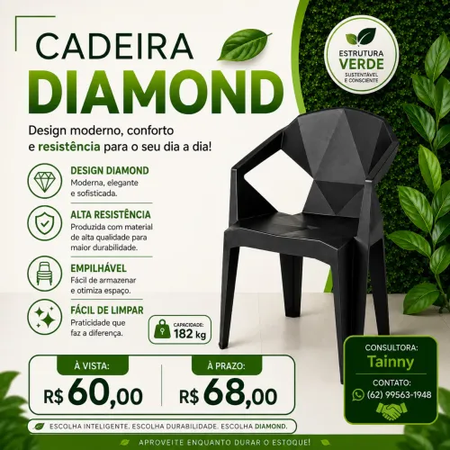 Poltrona Diamond Plástica Preta - Suporta até 182 kg | Moderna e Resistente