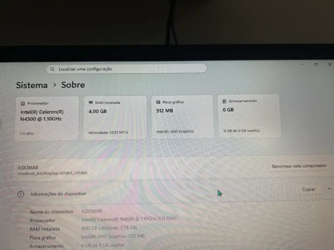 Notebook Asus 4GB raw 