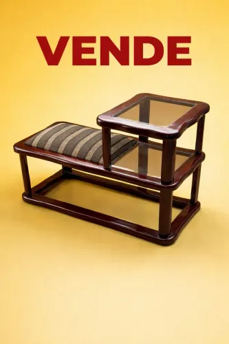 Mesa de telefone em madeira com assento estofado e tampo de vidro