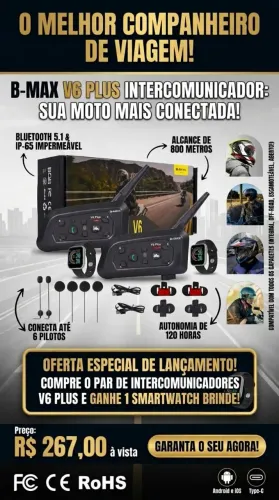 KIT 2 Intercomuncadores para capacete V6 + ? + Smartwatch de BRINDE