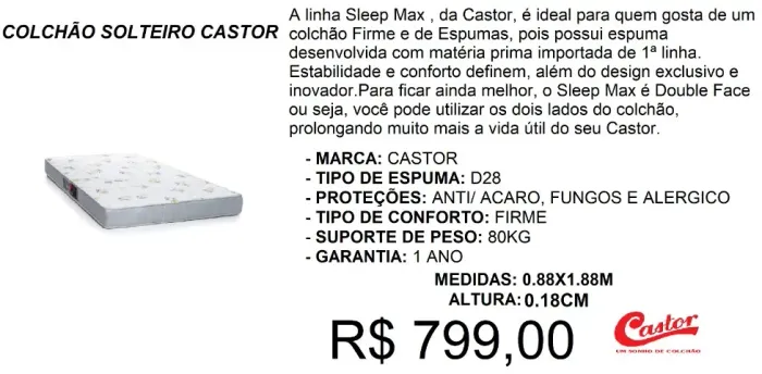 COLCHÃO SOLTEIRO CASTOR A PRONTA-ENTREGA 
