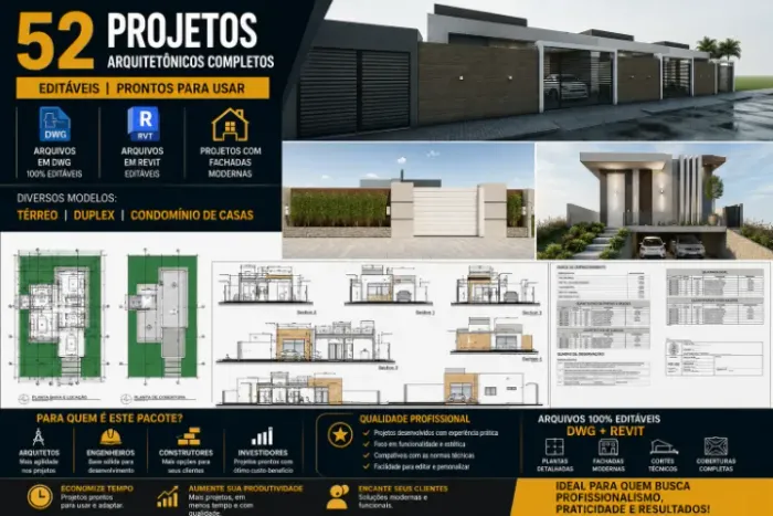 52 PROJETOS ARQUITETÔNICOS EDITÁVEIS - DWG + REVIT | CASAS TÉRREAS, DUPLEX E CONDOMÍNIOS