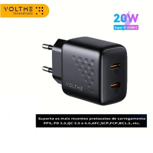Carregador Rápido Duplo 20W - GaN 3 - VoltMe - Cabo USB incluso - LACRADO <br>