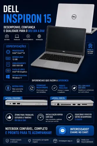 Notebook Dell Inspiron Core i5 | 12GB RAM | SSD 500GB (Muito Rápido) | Bateria Nova