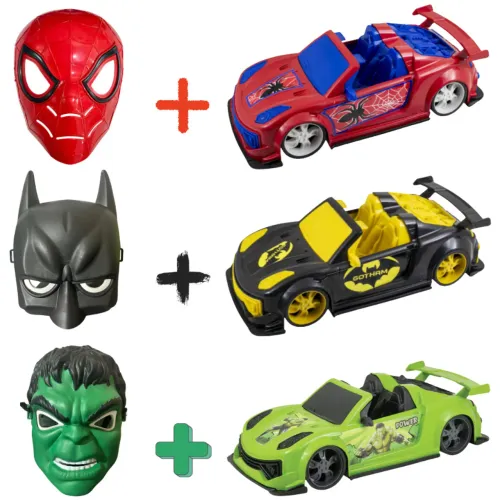 Kit Carro + Máscara Infantil Heróis Kendy Homem-Aranha Hulk Batman Brinquedo Menino