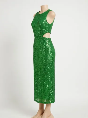 Vestido Midi de Paetês Verde Esmeralda - Modelagem Ajustada e Recortes